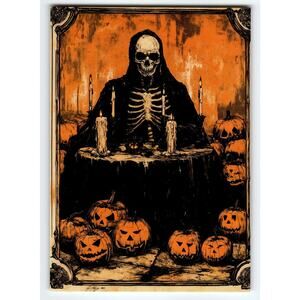 Vintage Halloween Postcard Skeleton with Jack-O'-Lanterns & Candles